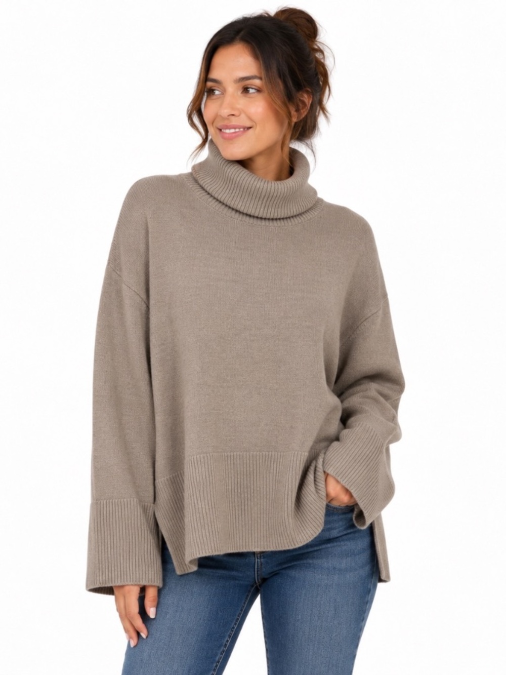 ZESICA Women's Taupe Ribbed Turtleneck Sweater – Size Large